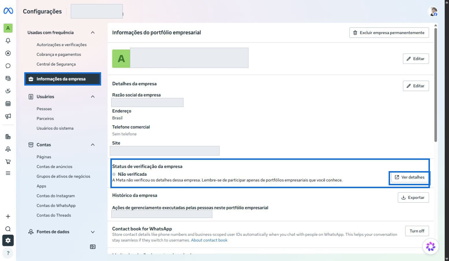 Página Informações da empresa mostrando o status de verificação