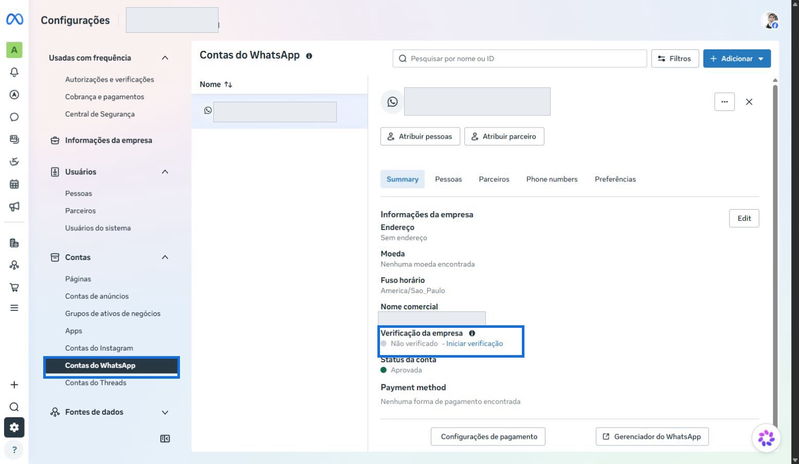Página Contas do WhatsApp mostrando a conta selecionada e o status da verificação