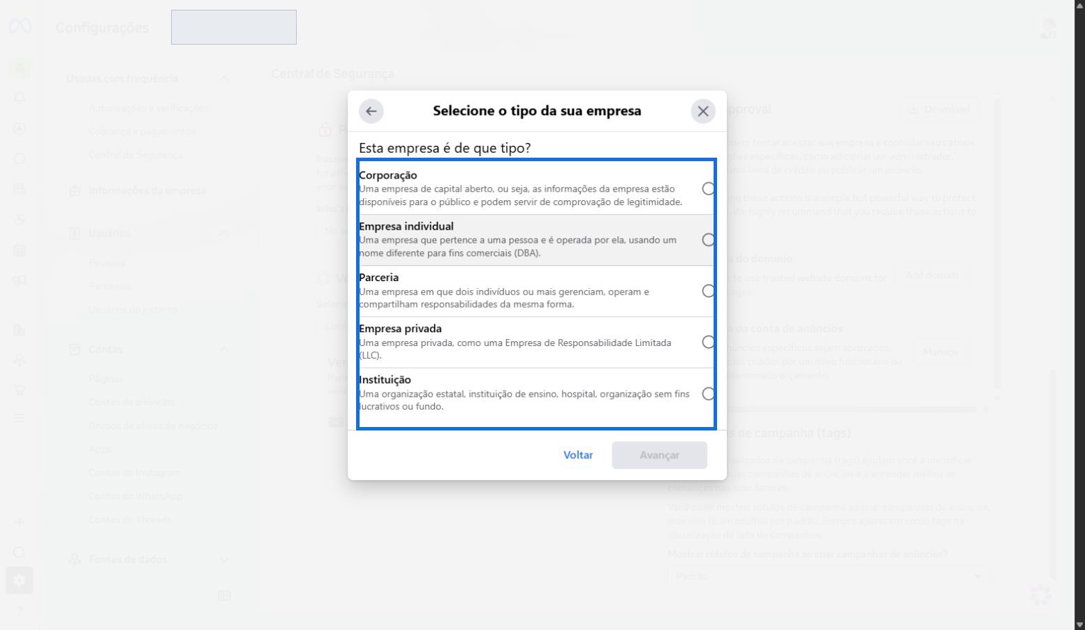 Tela da Meta com as opções de tipo de empresa
