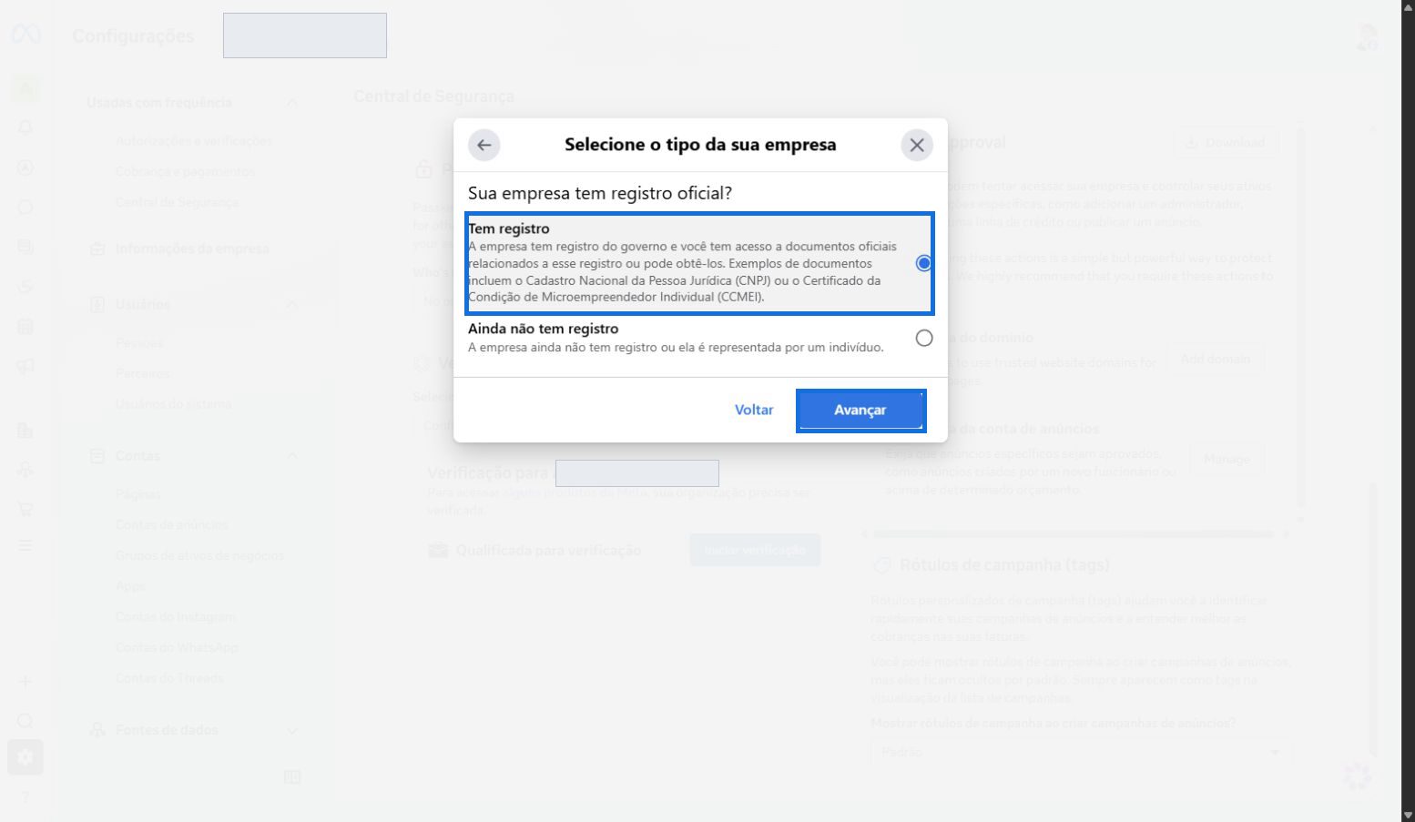 Tela da Meta perguntando se a empresa tem registro oficial, com Tem registro selecionado