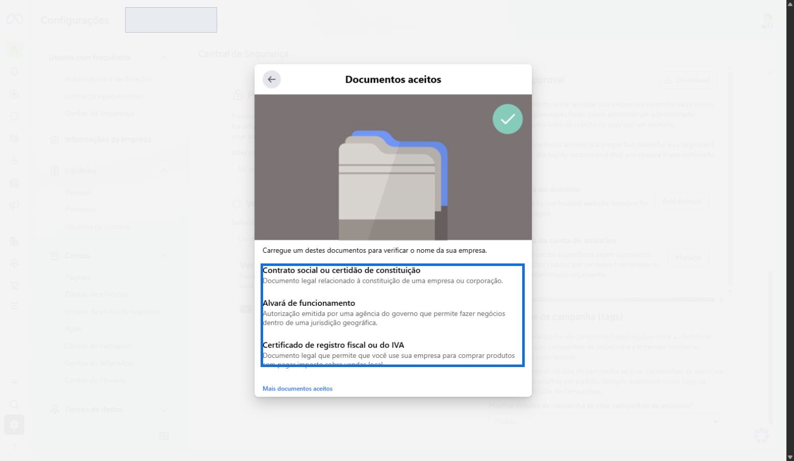 Lista de documentos aceitos pela Meta para confirmar o nome da empresa